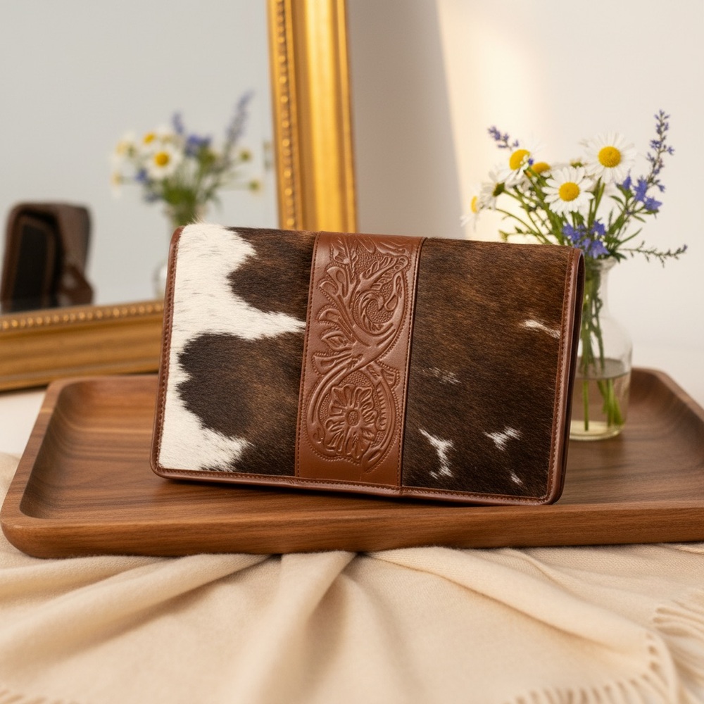 New embossed leather cowhide western jewelry case holder travel organizer bho